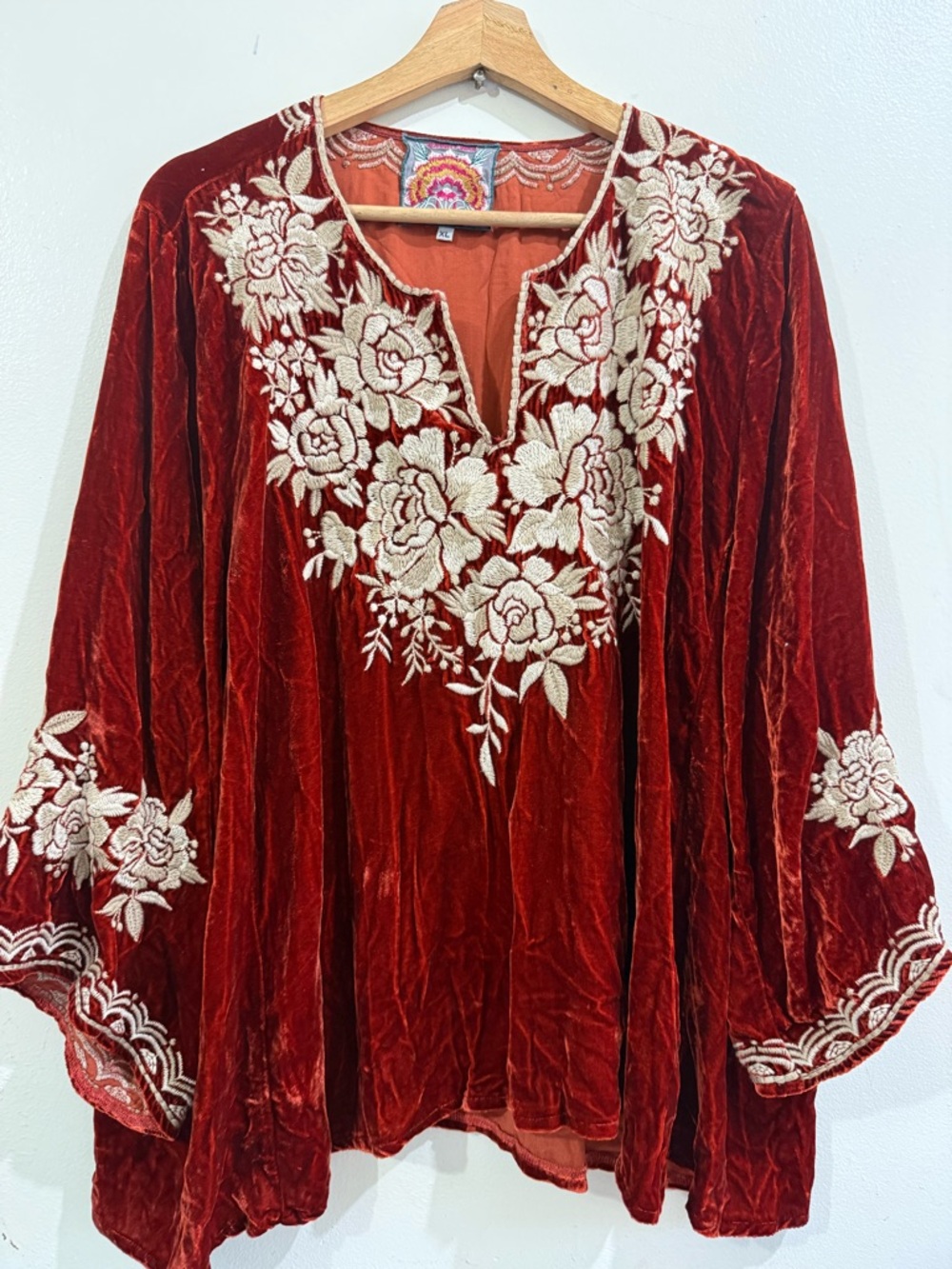 Johnny Was Burgundy Velvet Tunic with Cream Floral Embroidery